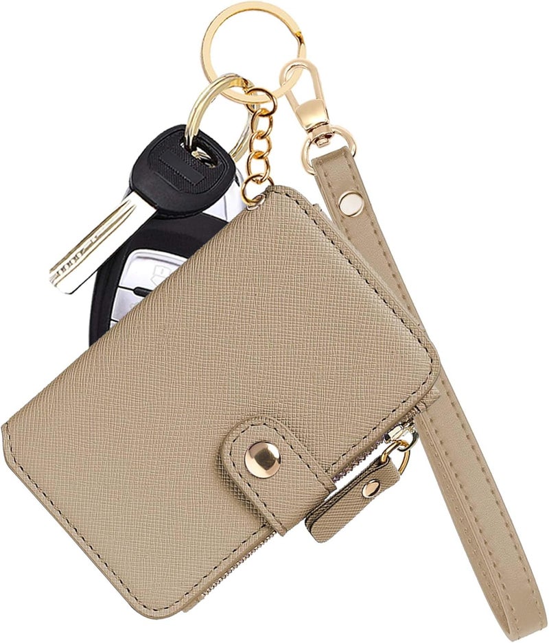 M-Plateau Wallet, Womens card Holder Leather Keychain Wallet With Zipper Coin Pocket ID Window Wrist Strap Gift Box (Khaki) - Image 1